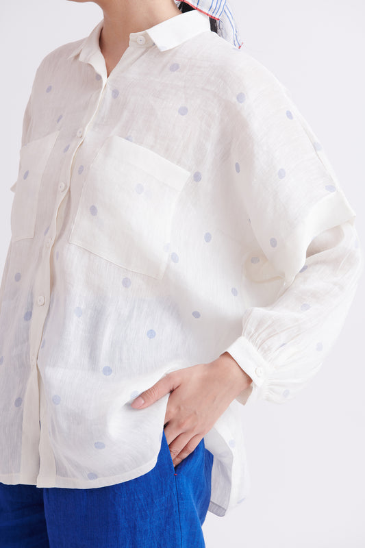 Simone Linen Silk Shirt in Big Blue Polka